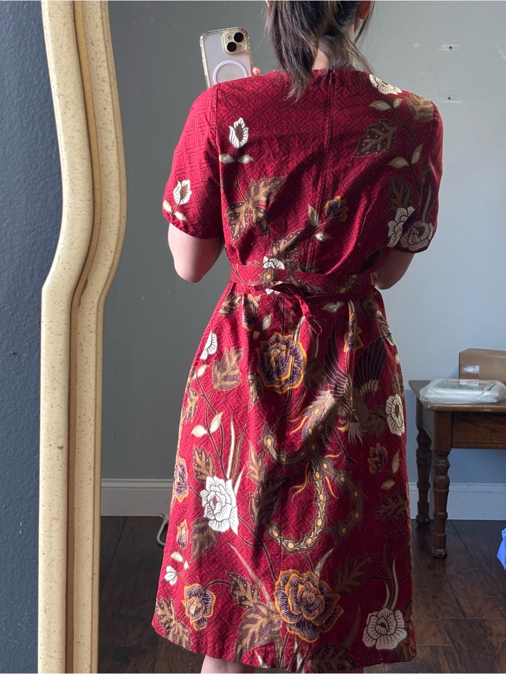Deep Red Batik Floral Sheath Dress XS - Picture 16 of 16